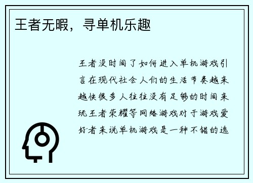 王者无暇，寻单机乐趣