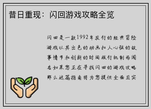 昔日重现：闪回游戏攻略全览